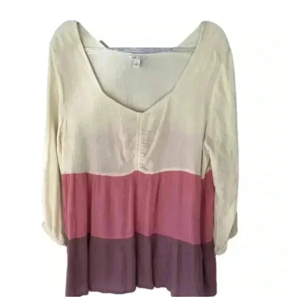 NEW!QUEEN Anna Neckline-Cream-Pink-Purple-Textured Baby doll Blouse-WM SZ Large - Picture 2 of 5